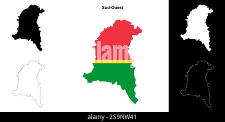 Ensemble de cartes du contour de la région Sud-Ouest Illustration de Vecteur