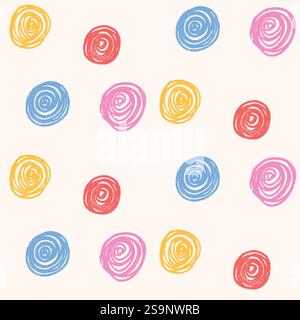 Crayon coloré à motif sans couture à pois dessiné. Fond sans fin de confettis de cercle de courbe. Points ronds de vacances par couverture de répétition de crayon. Point de gribouillage Illustration de Vecteur