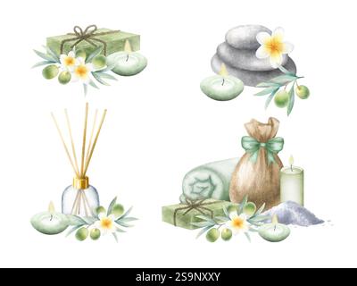 Savon d'alep olive, bougies, sac avec sel de mer, serviette en tissu éponge, olives, cailloux empilés, diffuseur d'arôme et fleurs de plumeria. Compositions de COSMETIQUES ECOLOGIQUES ISOLEES a L'aquarelle dessinée à la main pour spa. Banque D'Images