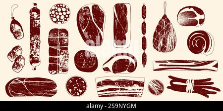 Croquis de produits carnés. Bœuf de boucherie dessiné à la main, steaks de porc et de poulet, saucisses et jambon, mouton et agneau, cuisine gastronomique, concept de boucherie. Vecteur Illustration de Vecteur