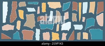 Jeu de papiers à bords arrachés. Paquet de feuilles déchirables. Notez les badges autocollants à texture inégale. Espaces vides pour les messages et les mémos. Scrapbooking de petites formes de papier. Illustration de Vecteur