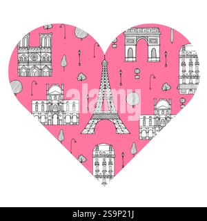 Forme rose d'un coeur avec Paris célèbres monuments de la ville et des bâtiments vecteur illustration dessinée à la main. Symbole de Paris et d'amour. Dessin vintage peint Banque D'Images