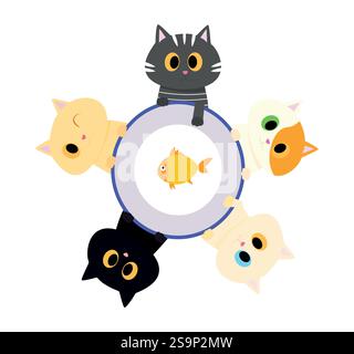 Les chatons sont assis autour d'une assiette avec un poisson rouge. Dessin vectoriel Illustration de Vecteur