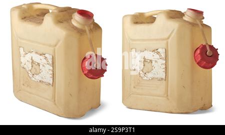 ensemble de vieilles boîtes ou conteneurs en plastique de forme rectangulaire utilisés avec poignée sur le fond blanc isolé, eau de couleur beige clair ou produit chimique Banque D'Images