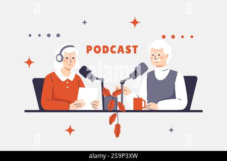 illustration d'un homme et d'une femme âgés avec des écouteurs hébergeant un podcast assis à la table avec des notes. Quelques personnages partagent des expériences de vie Illustration de Vecteur