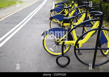 Vélos jaune vif alignés dans un porte-vélos par un chemin pavé dans un cadre urbain Banque D'Images
