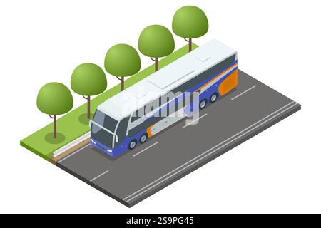Une vue isométrique d'un bus à impériale dans de multiples perspectives, mettant en valeur son design jaune et violet éclatant. Convient pour le tourisme et long Illustration de Vecteur