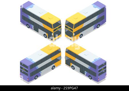 Une vue isométrique d'un bus à impériale dans de multiples perspectives, mettant en valeur son design jaune et violet éclatant. Convient pour le tourisme et long Illustration de Vecteur