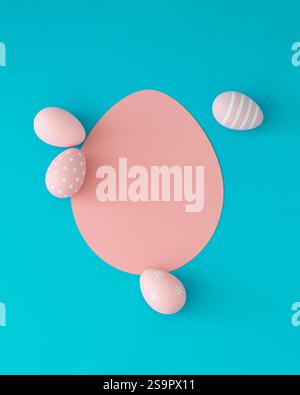 Oeufs de couleur rose sur fond bleu clair avec une note de carte en papier en forme d'oeuf. Concept minimal de Pâques. Aménagement créatif des fêtes de fin d'année du printemps. Banque D'Images