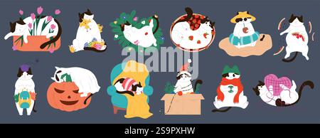 Ensemble chat smoking de saison mignon montrant des activités tout au long de l'année dans un style plat. Parfait pour calendrier, carte de voeux, décoration et animalerie, boutique Illustration de Vecteur