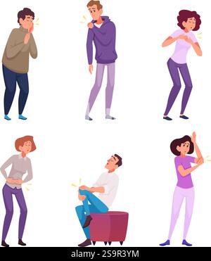 Douleur physique. Parties du corps douloureuses mains pieds bras tête dents de genou illustrations de concept médical vecteur exact dans le style de dessin animé Illustration de Vecteur