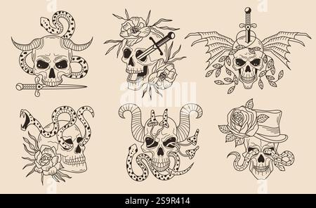 Tatouage crânien. Visage effrayant avec la tête dessinée à la main d'émotion différente modèles stylisés vectoriels récents crâne pour les projets de conception de tatouage Illustration de Vecteur