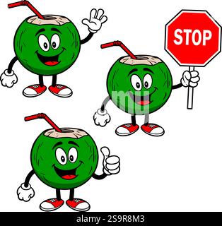 Jeu de caractères d'eau de coco, illustrations vectorielles dessinées à la main, isolé sur fond transparent Illustration de Vecteur