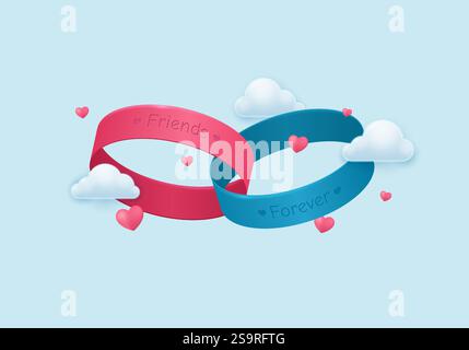 Bonne journée des meilleurs amis. Bracelets élastiques et coeurs avec des nuages sur un fond clair. Illustration vectorielle 3D. Illustration de Vecteur
