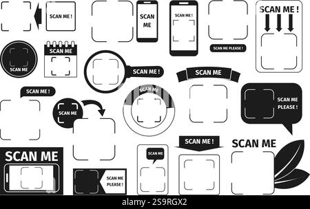 Jeu de cadres de codes qr vides. Scannez-moi les codes-barres des paiements électroniques pour le commerce électronique, les produits ou les informations d'identification personnelles. Différents endroits pour la numérisation, récents Illustration de Vecteur