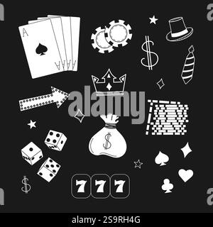 Illustration vectorielle sur le thème du casino avec ensemble de jeux d'argent doodles en noir et blanc. Concept de jeux en ligne et de projets sur le thème du divertissement. Illustration de Vecteur
