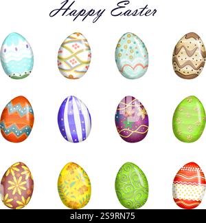 Joyeuses Pâques. Ensemble d'œufs de Pâques colorés décorés avec une texture différente, motif. Vacances de printemps. Illustration vectorielle isolée. Illustration de Vecteur