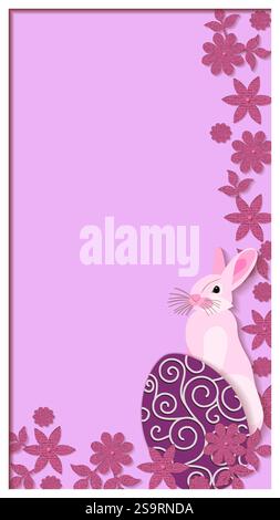 Joyeuses Pâques. Modèle vertical design avec lapin de Pâques rose et œufs, fleurs. Illustration vectorielle isolée. Illustration de Vecteur