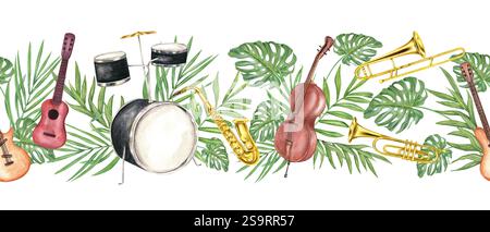 Saxophone aquarelle, trombone, trompette, guitare, contrebasse, kit de tambour avec bannière transparente de feuilles vertes tropicales. Percussions et musique à vent Banque D'Images