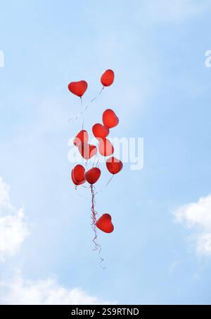 02.06.2016 Luftballons Deutschland/ Sachsen Anhalt/ Altmark/ Altmarkkreis Salzwedel/ Stadt Klötze/ Ortsteil Kunrau/ Am Schloss/ kurz nach einer Trauung/ rote Luftballons in Herzform steigen in den blauen Himmel auf *** 02 06 2016 ballons Allemagne Saxe Anhalt Altmark Altmarkkreis Salzwedel Town Klötze district Kunrat the Castle à la cérémonie de mariage dans le ciel bleu Banque D'Images