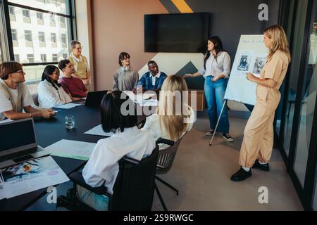 Groupe diversifié d'étudiants collégiaux dans un environnement de classe de ville, collaborant et discutant des idées lors d'une présentation créative en classe. Inclut t Banque D'Images