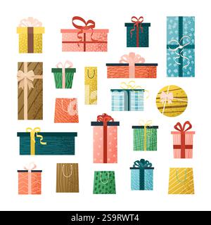 Ensemble de coffrets cadeaux et sacs. Illustrations isolées Illustration de Vecteur