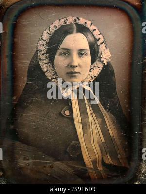 Une femme portant un bonnet est représentée dans un portrait des années 1850. Banque D'Images