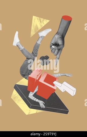 Croquis image tendance illustration montage collage photo 3D de geste de main doigt point jeune femme tête moniteur d'ordinateur sans tête au lieu de tomber Banque D'Images