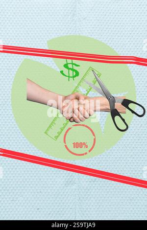 Collage de modèle abstrait créatif de ciseaux à poignée de main règle fournitures de bureau gagner de l'argent inhabituel Fantasy panneaux d'affichage comics Banque D'Images