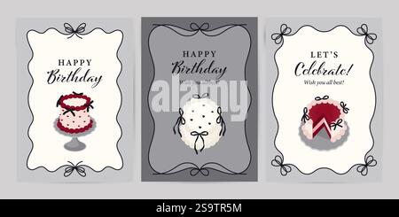 Carte de voeux d'anniversaire avec gâteaux, noeuds et cadres de ruban. Illustration vectorielle dans le style dessiné à la main Illustration de Vecteur