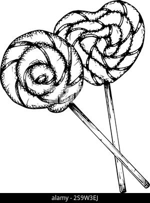Illustration vectorielle dessinée à la main de deux sucettes en spirale, torsadées, rondes et en forme de coeur. Parfait pour boutique de bonbons, design de café, Saint Valentin, vacances Illustration de Vecteur