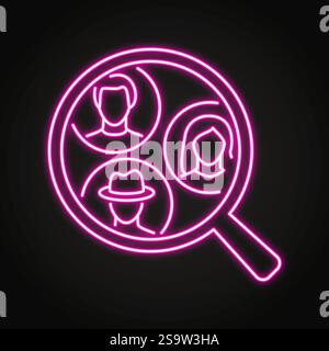 Icône de néon de recherche de personnes. Symbole de loupe. Recrutement, embauche d'employé, recherche généalogique. Illustration vectorielle Illustration de Vecteur