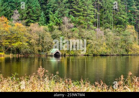 Boathouse sur Loch Ard avec Loch Ard Forest affichant les couleurs d'automne dans les Trossachs, Écosse, Royaume-Uni Banque D'Images