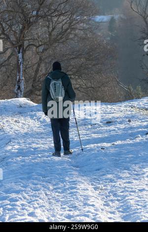 Un homme (vue arrière) marchant dans la neige avec un bâton de trekking. L'homme porte un chapeau de laine noir et porte un sac à dos (sac à dos). Banque D'Images