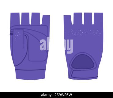 Gants d'entraînement violet dessin animé accessoire de main de mode vêtements d'haltérophilie illustration technique vêtement. Vue arrière de paume avant de vecteur pour hommes, femmes, modèle plat de style unisexe sur fond blanc Illustration de Vecteur