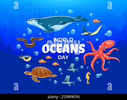 Bannière de la journée mondiale des océans avec des animaux marins. Vie sous-marine, affiche de nature marine ou fond vectoriel. Toile de fond de la journée mondiale de l'océan ou bannière avec phoque à fourrure, o Illustration de Vecteur