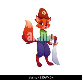 Caricature drôle animal de renard pirate ou caractère corsaire dans le chapeau tricorne de capitaine, personnage vectoriel. Personnage de renard pirate des Caraïbes ou corsaire et filibust Illustration de Vecteur