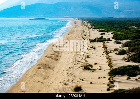 Vue aérienne de 18 km de long de la plage de Patara, Turquie. Banque D'Images