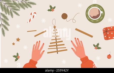 Sapin de Noël fait maison. Girl In crée un arbre de Noël fait d'étagères en bois. Vue de dessus sur le lieu de travail. Procédé de fabrication de jouets à la main. Illustration vectorielle Illustration de Vecteur