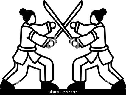 Deux femmes se battent avec des épées. La scène est intense et agressive. Le concept de l'image est une représentation des arts martiaux et l'idée de deux Illustration de Vecteur