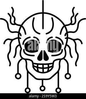 Un crâne avec un sourire dessus. Le crâne est entouré d'une toile de fils et a un schéma de couleurs noir et blanc Illustration de Vecteur