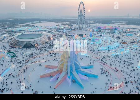 Pékin, province chinoise du Heilongjiang. 22 janvier 2025. Une photo de drone aérien montre des touristes s'amusant à Harbin Ice-Snow World à Harbin, dans la province du Heilongjiang du nord-est de la Chine, le 22 janvier 2025. Crédit : XIe Jianfei/Xinhua/Alamy Live News Banque D'Images