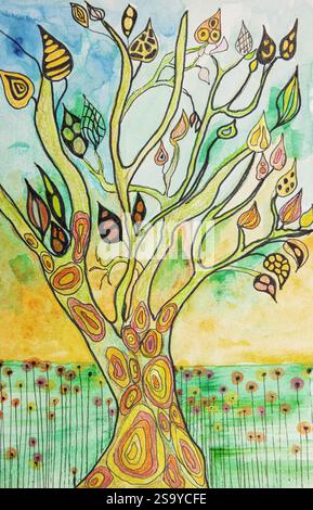 Arbre de vivre avec des éléments décoratifs. La technique de tamponnage près des bords donne un effet de flou dû à la rugosité de surface modifiée de la plaquette Banque D'Images