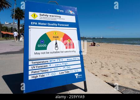 Sécurité de l'eau : signe d'information sur la qualité de l'eau, la plage de températures, les prévisions uv, les heures de patrouille de sauvetage et les horaires des marées à Melbourne, Australia Banque D'Images