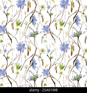Branche avec chatons, fleurs printanières anières anémone de forêt blanche, hepatica bleue Forget-me-not, aquarelle dessinée à la main. Motif botanique sans couture Banque D'Images