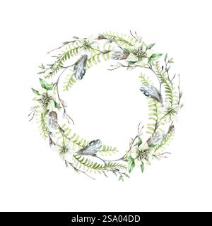 Couronne d'aquarelle de printemps de feuilles de fougères, plumes, brindilles, branches de saule, fleurs blanches d'hellebore. Banque D'Images