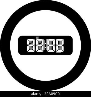 Horloge de table numérique icône de montre de bureau d'affichage électronique en cercle rond noir illustration vectorielle image solide style simple. Icône de montre de bureau d'affichage électronique d'horloge de table numérique en cercle rond noir illustration vectorielle d'image de style plein contour Illustration de Vecteur