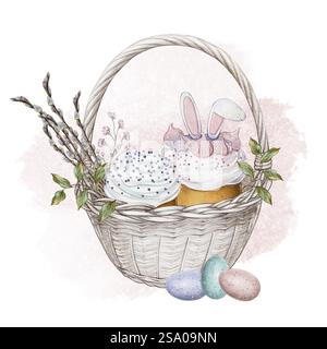 Une illustration aquarelle d'un panier de Pâques rempli de gâteaux décorés, une garniture d'oreille de lapin, des branches de saule et des œufs colorés, parfait pour les décorations printanières festives. Banque D'Images
