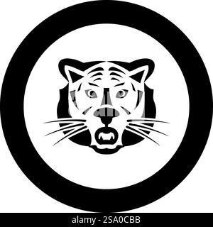 Icône de tête de tigre dans le cercle rond noir illustration vectorielle image solide contour style simple. Icône de tête de tigre dans le cercle rond noir illustration vectorielle image de contour solide Illustration de Vecteur