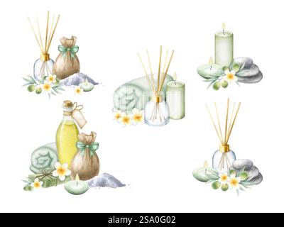 Huile d'olive, savon d'alep, bougies, sac au sel de mer, serviette en tissu éponge, olives, cailloux empilés, diffuseur d'arômes et fleurs de plumeria. Compositions de COSMETIQUES ISOLEES a L'aquarelle dessinée a la main pour spa. Banque D'Images